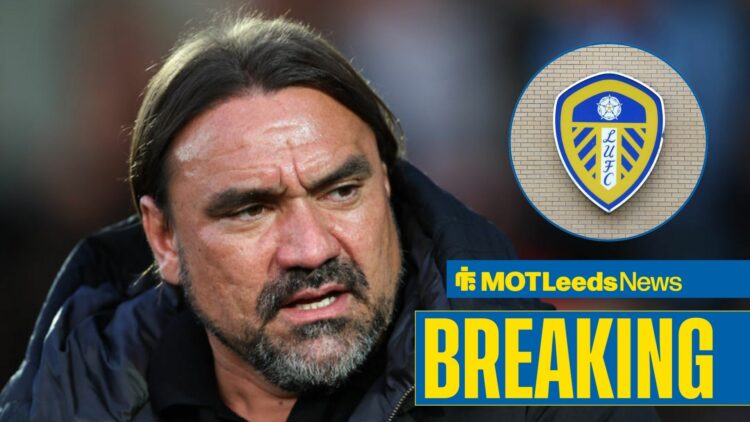 Daniel Farke alongside a Leeds United crest.
