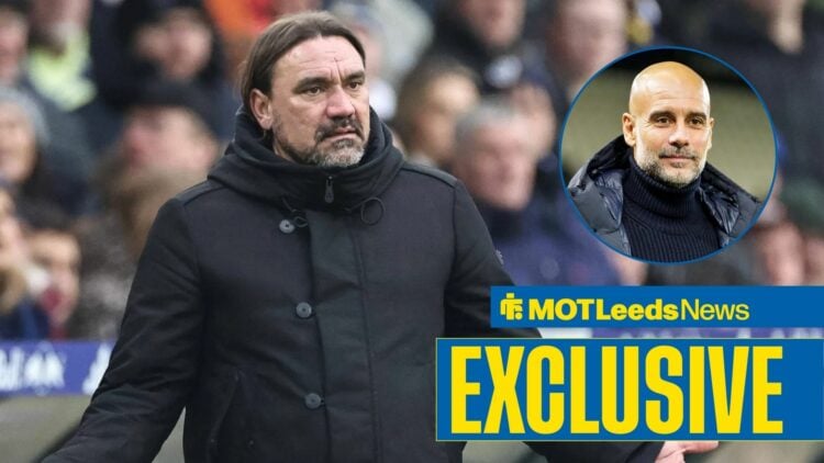 Daniel Farke complains, with Pep Guardiola in a circular frame inset