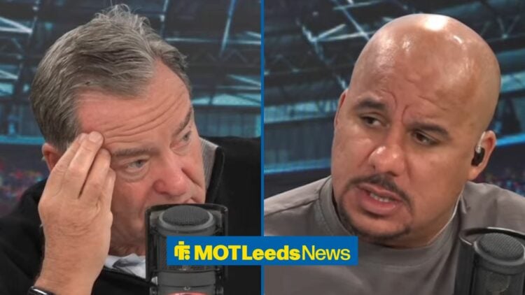 Jeff Stelling looking stressed towards a concentrated Gabby Agbonlahor