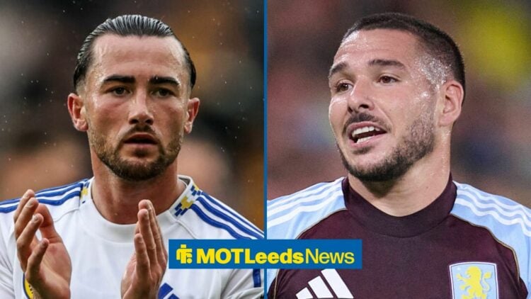 Jack Harrison clapping and looking towards Emi Buendia looking annoyed playing for Aston Villa