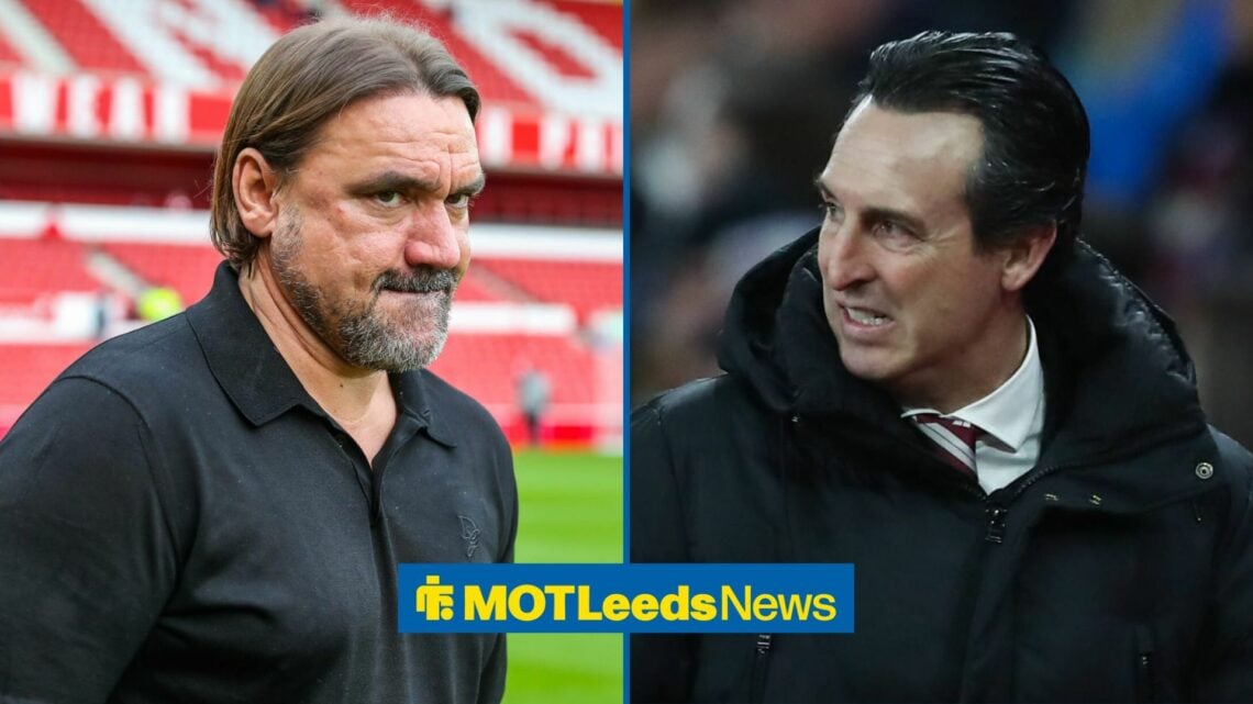 Daniel Farke looking concerned towards an annoyed looking Unai Emery