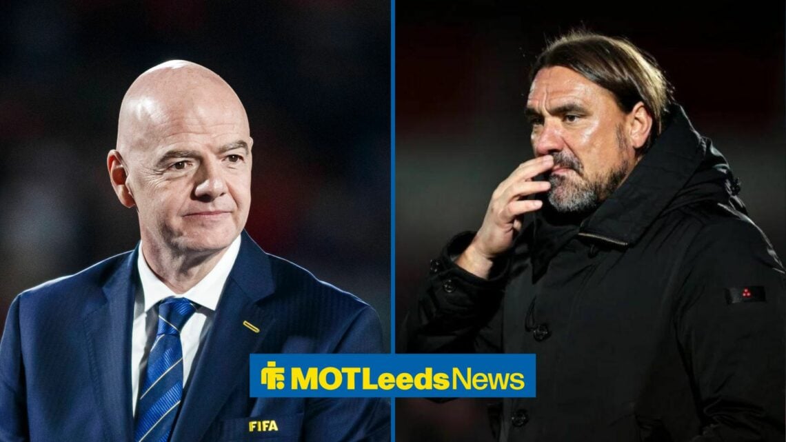 Infantino and Daniel Farke looking on straight-faced in 50/50 split