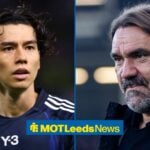 Ao Tanaka in action for Japan, with Leeds United manger Daniel Farke pulling a neutral expression alongside him in a split image