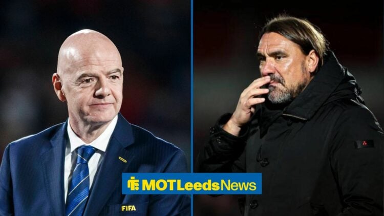 Infantino and Daniel Farke looking on straight-faced in 50/50 split