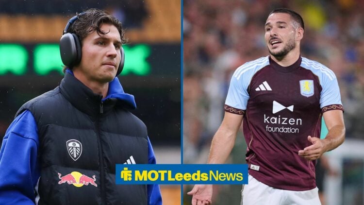 Brenden Aaronson on left looking at Emi Buendia on right