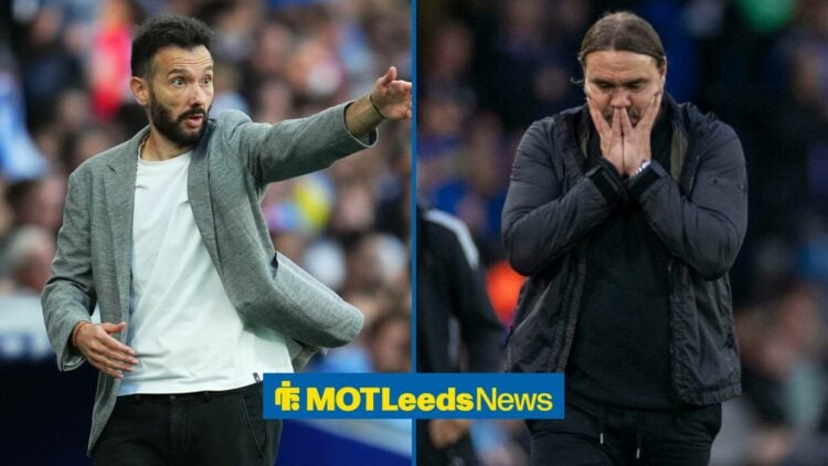 Carlos Corberan on the sideline with Daniel Farke holding his head in his hands