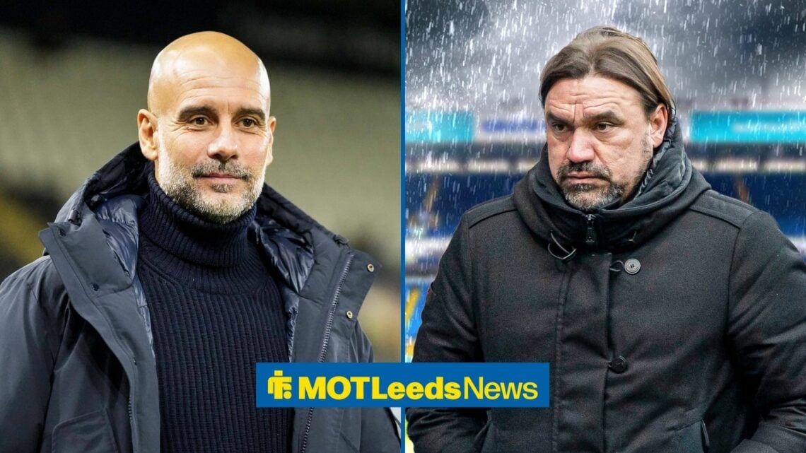 Peg Guardiola smiling with Daniel Farke looking sad