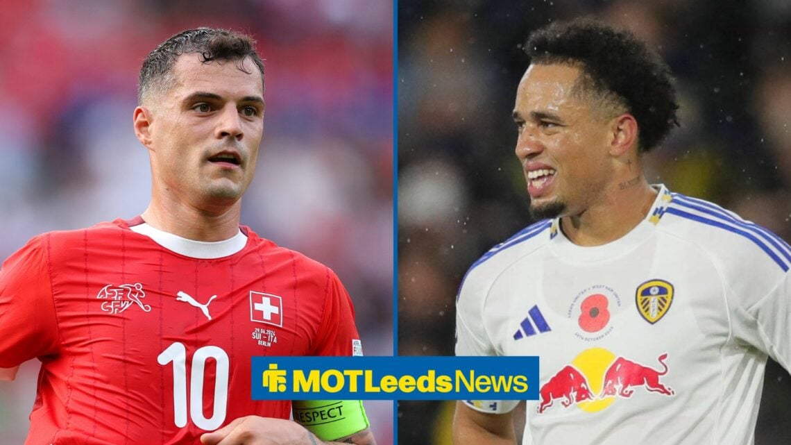 Granit Xhaka and Noah Okafor looking at each other with a serious expression.