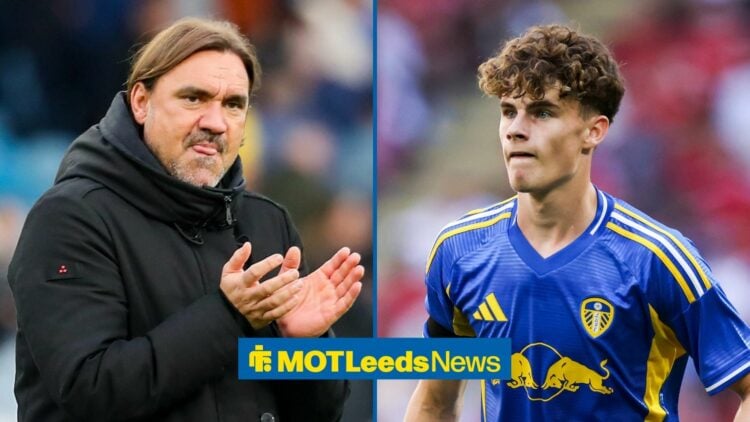 Daniel Farke and Harry Gray both looking at each other with a serious expression.