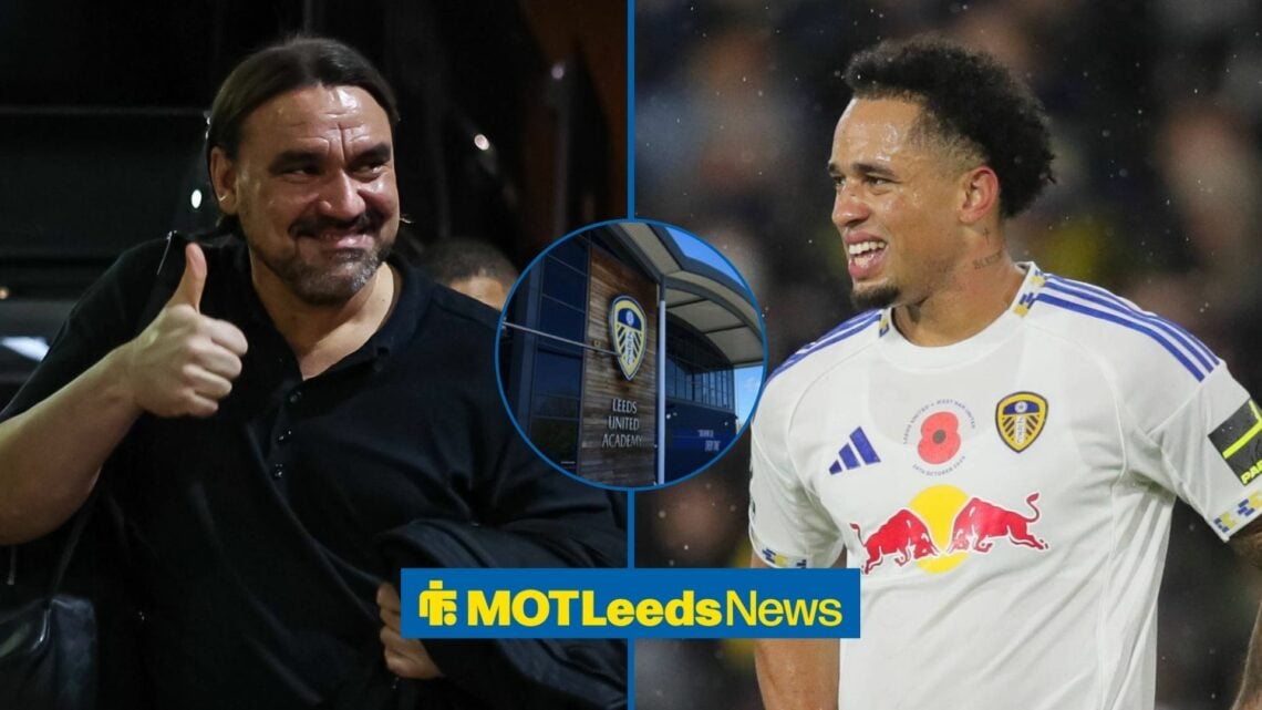 Daniel Farke and Noah Okafor smiling at each other with Thorp Arch in middle.