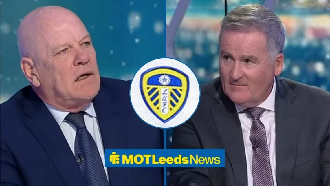 Andy Gray looking baffled towards Richard Keys with a circle inset of the Leeds United badge central