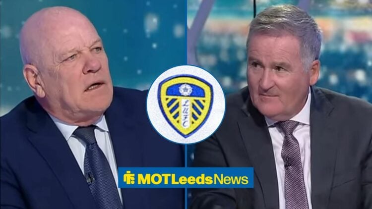 Andy Gray looking baffled towards Richard Keys with a circle inset of the Leeds United badge central