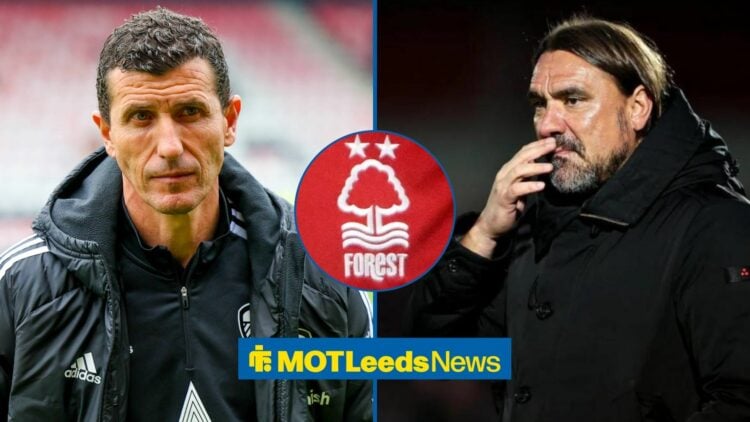 Javi Gracia looking towards Daniel Farke seperated by a circle inset of the Nottingham Forest badge