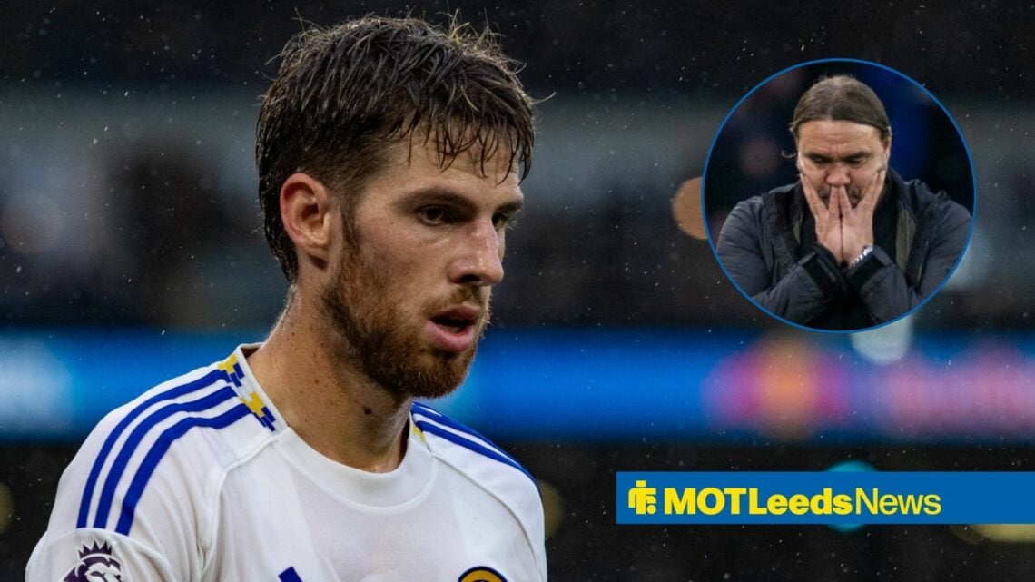 Anton Stach stares at the ground during a game for Leeds United, as manager Daniel Farke has his head in his hands in a circular inset.