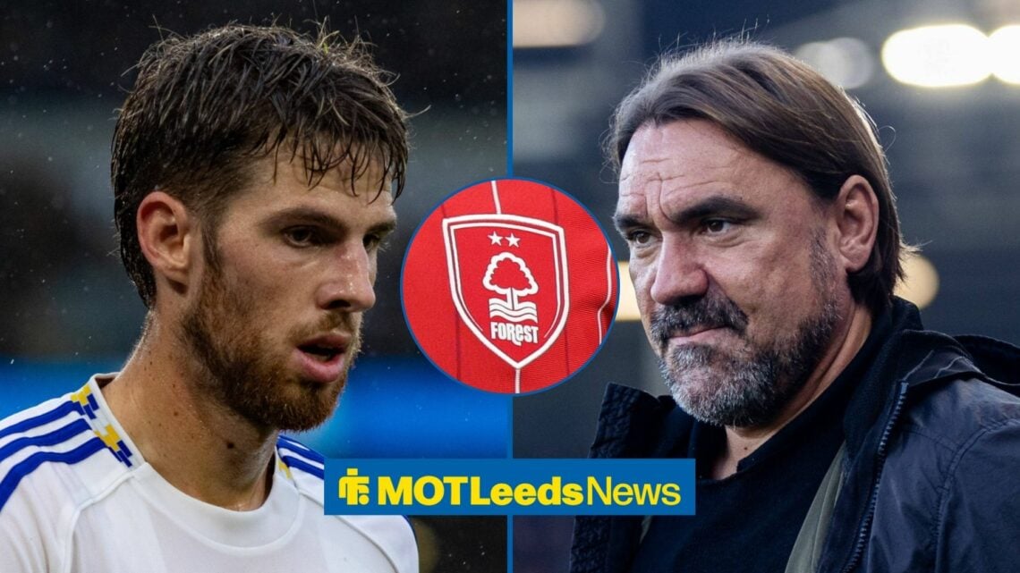 Leeds star Anton Stach and manager Daniel Farke, Nottingham Forest badge in inset.