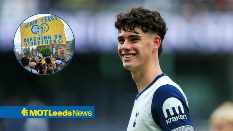 Archie Gray smiling, Leeds fans in inset.