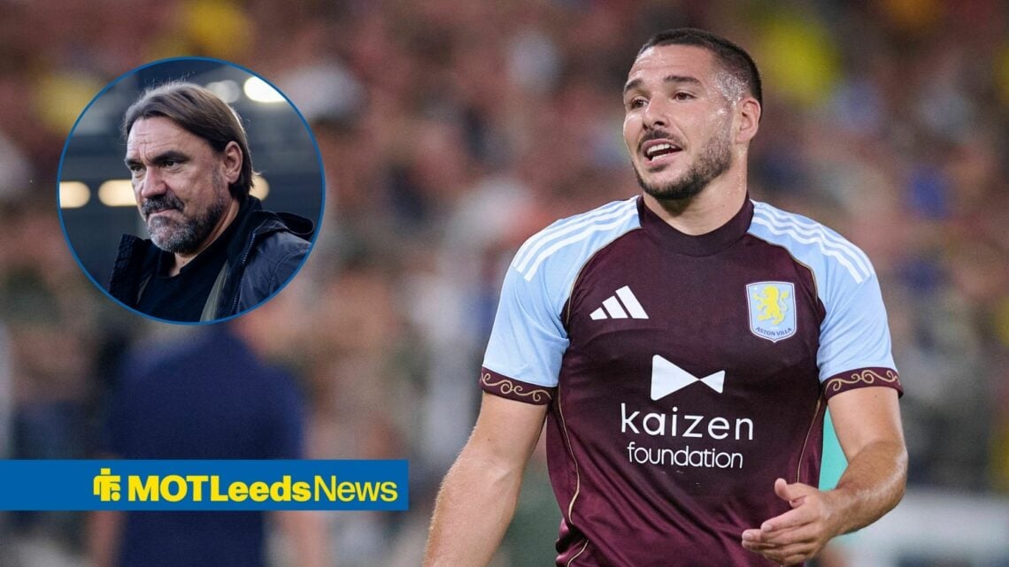 Aston Villa's Emi Buendia with Leeds boss Daniel Farke inset