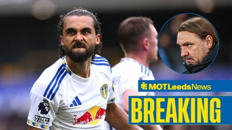 Dominic Calvert-Lewin celebrates for Leeds with Daniel Farke in a round overlay