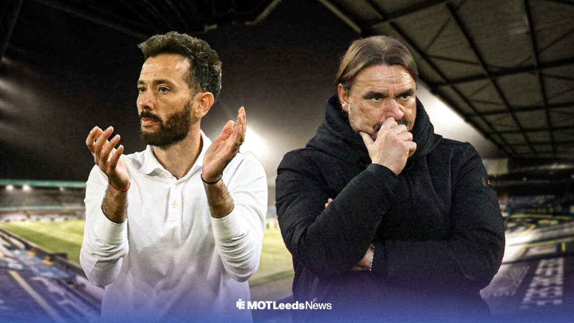 Carlos Corberan applauding with Daniel Farke concerned adjacent