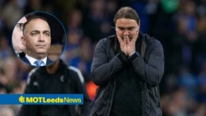 Leeds United boss Daniel Farke, 49ers chief Paraag Marathe in inset.