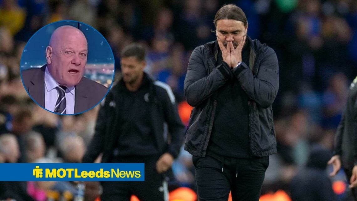 Leeds United manager Daniel Farke places his hands over his face on the touchline, as Andy Gray features in a circular inset.