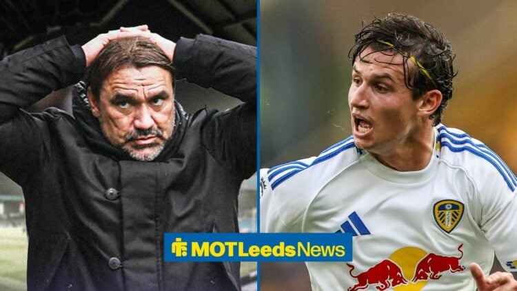 Leeds boss Daniel Farke looking anguished, Brenden Aaronson in action.