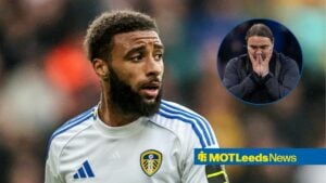Leeds star Jayden Bogle looking upset, Daniel Farke looking miserable in inset.