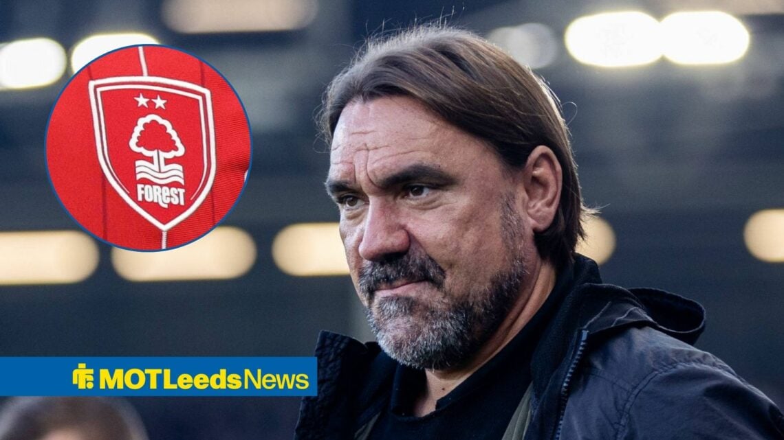 Leeds boss Daniel Farke looking happy, Nottingham Forest badge in inset.