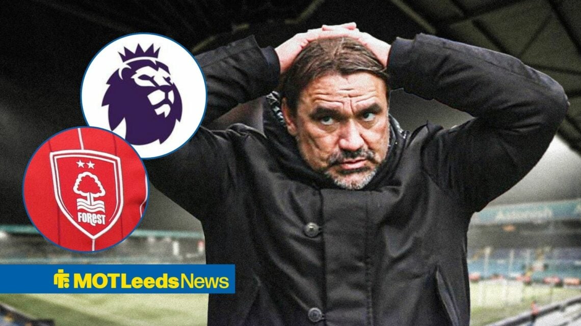 Leeds manager Daniel Farke looking sad, Premier League and Nottingham Forest badge in inset.