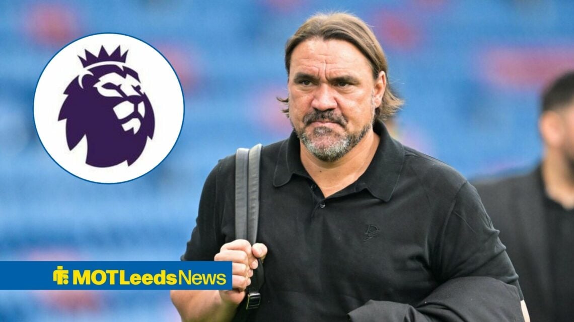 Leeds United boss Daniel Farke, Premier League badge in inset.