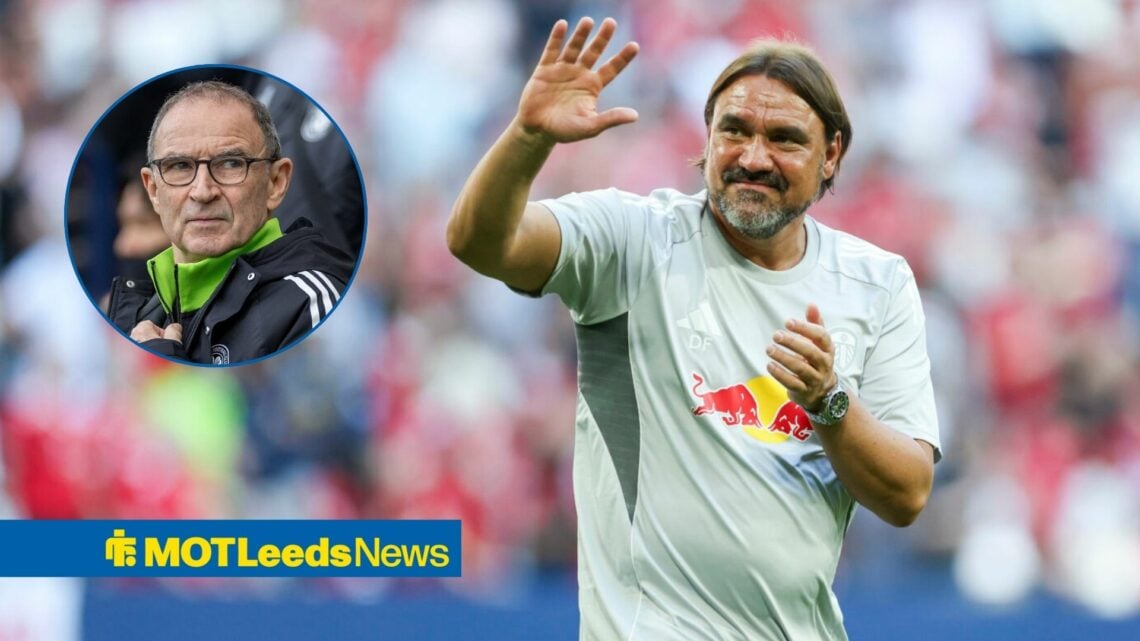 Leeds United manager Daniel Farke smiles and waves towards interim Celtic boss Martin O'Neill, who glances across from a circular inset.