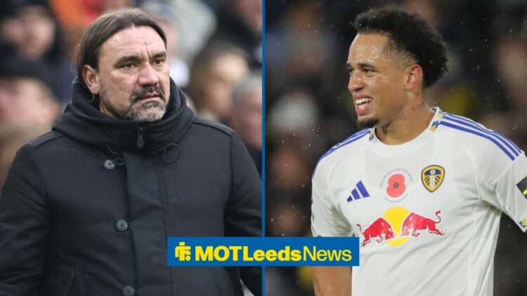 A split image as Leeds United manager Daniel Farke stares bemusedly across at Noah Okafor who looks concerned in the right half of the image.