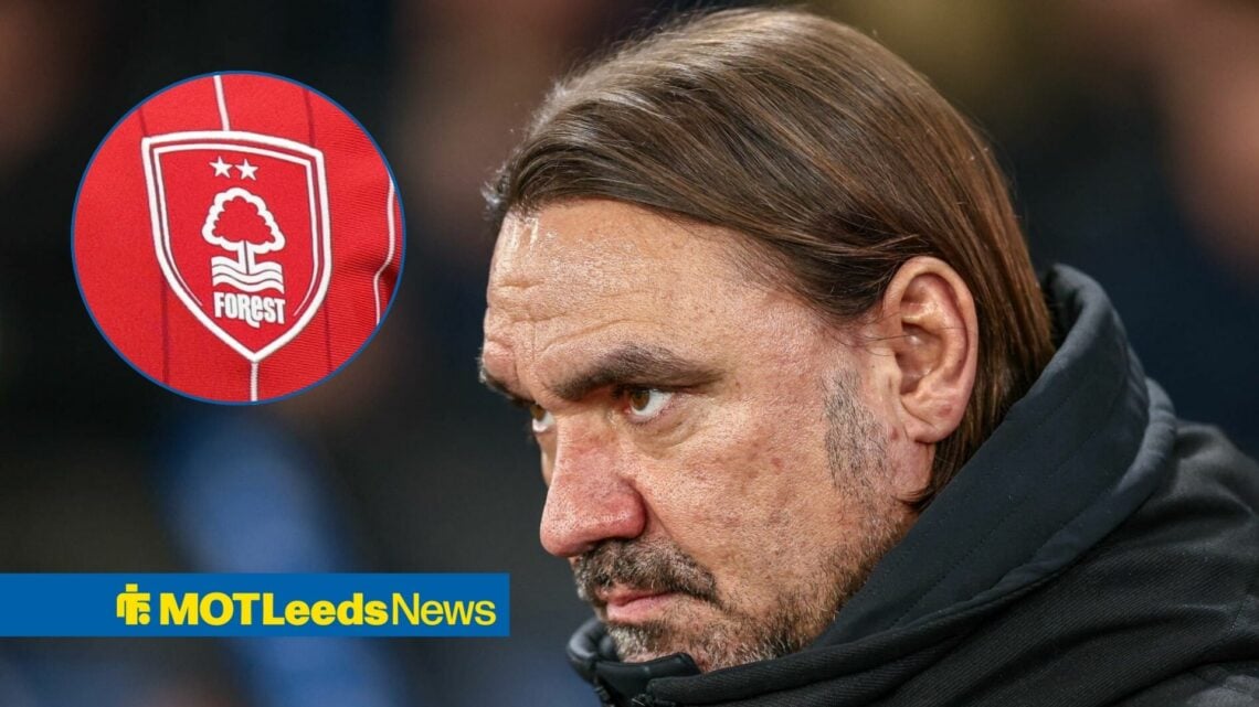 Leeds boss Daniel Farke looking furious, Nottingham Forest badge in inset.