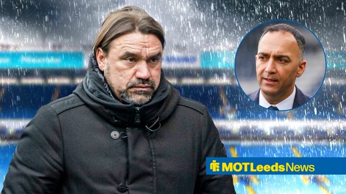 Leeds United manager Daniel Farke puffs out his cheeks in the rain at Elland Road, as chairman Paraag Marathe watches on from a circular inset.