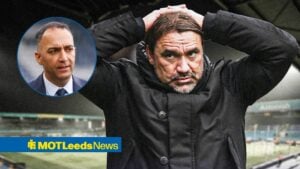 Leeds United manager Daniel Farke stands with his hands on his head at Elland Road as he glances nervously towards a circular inset, where chairman Paraag Marathe watches on.