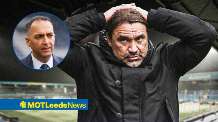 Leeds United manager Daniel Farke stands with his hands on his head at Elland Road as he glances nervously towards a circular inset, where chairman...