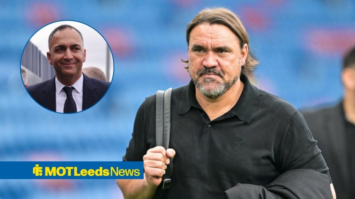 Leeds United manager Daniel Farke looking stern, Paraag Marathe looking happy in inset.