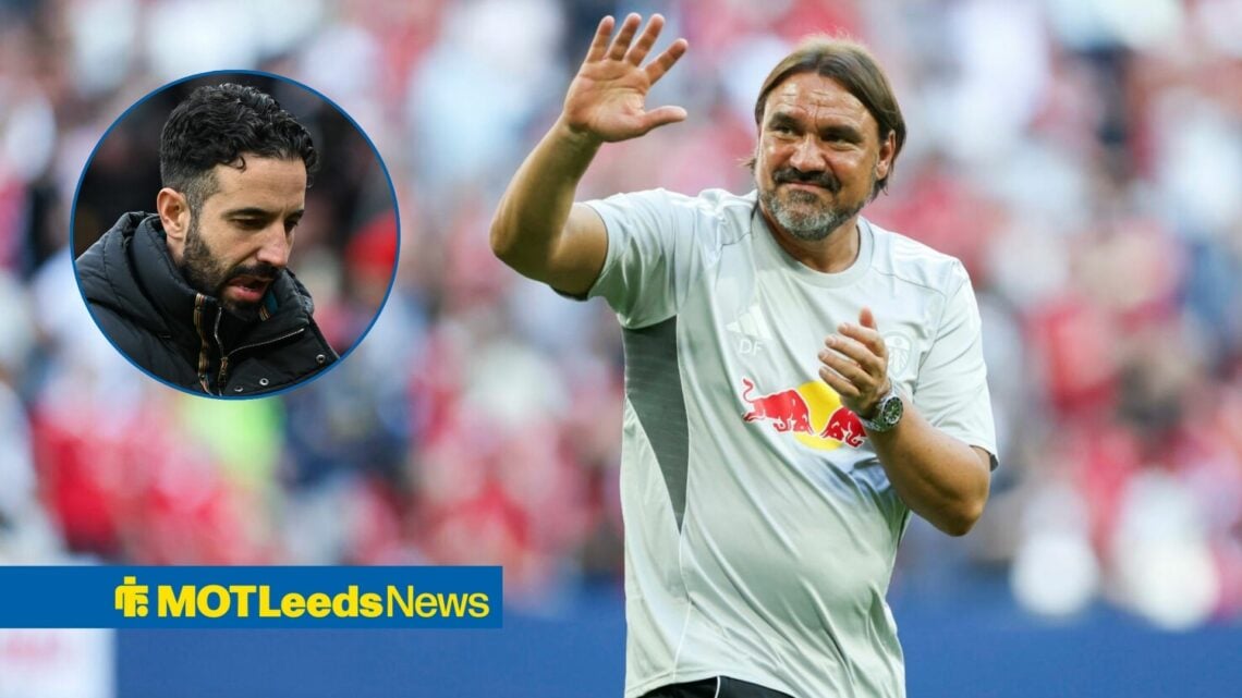Leeds United manager Daniel Farke waves towards a circular inset, where Manchester United boss Ruben Amorim hangs his head in shame.