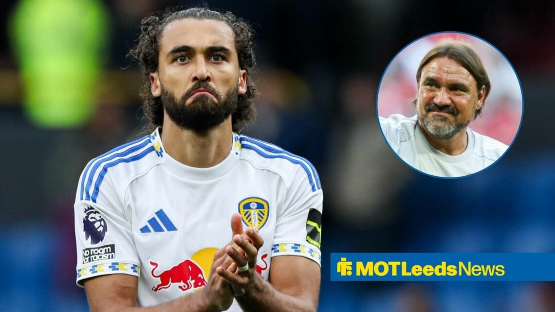 Leeds United striker Dominic Calvert-Lewin applauds at the end of a game, as manager Daniel Farke smiles in a circular inset.
