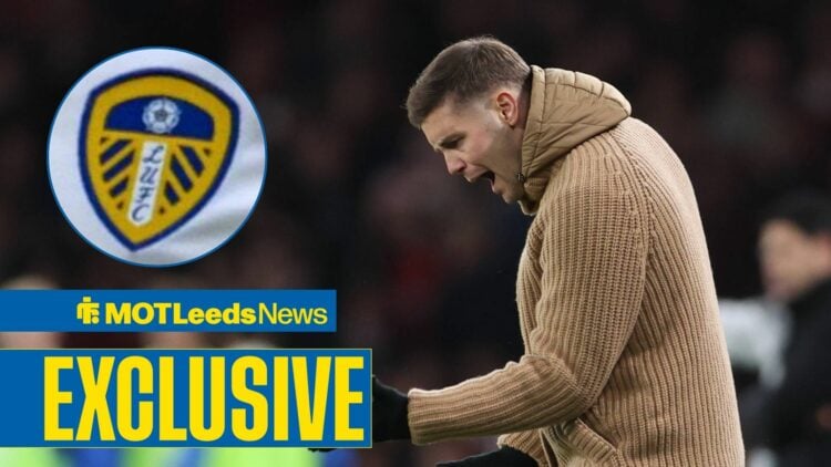 Fabian Hurzeler looking angry, Leeds badge in inset.