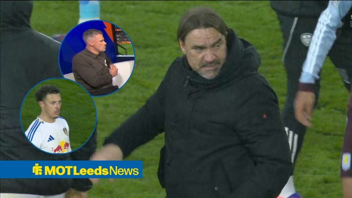Daniel Farke on the pitch with Jamie Carragher and Ethan Ampadu in circular overlays