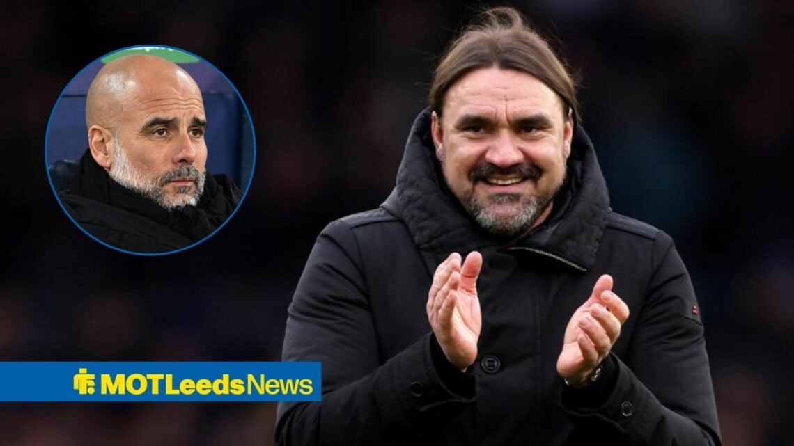 Daniel Farke next to a circular inset of Pep Guardiola
