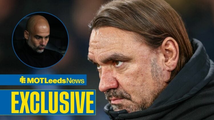 Daniel Farke in large looks at Pep Guardiola in a round overlay