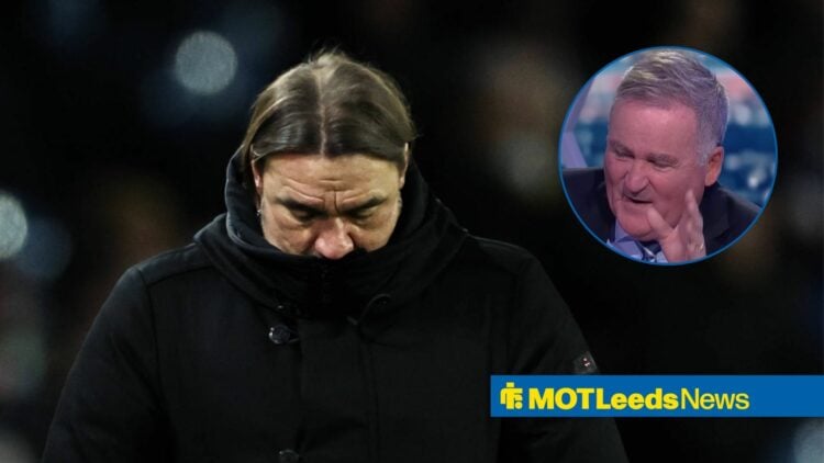 Daniel Farke looking down and Richard Keys in a circular overlay