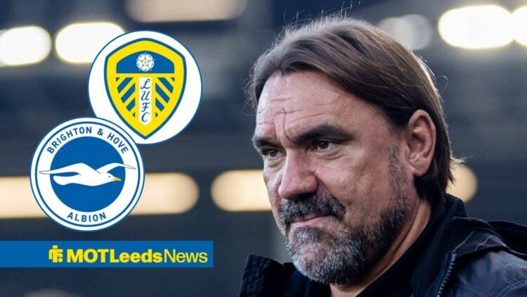 Daniel Farke looks at Brighton and Leeds badges in circular insets