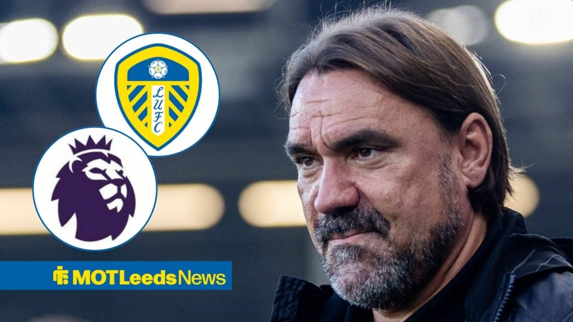 Daniel Farke looking at Leeds and Premier League badges in circular insets