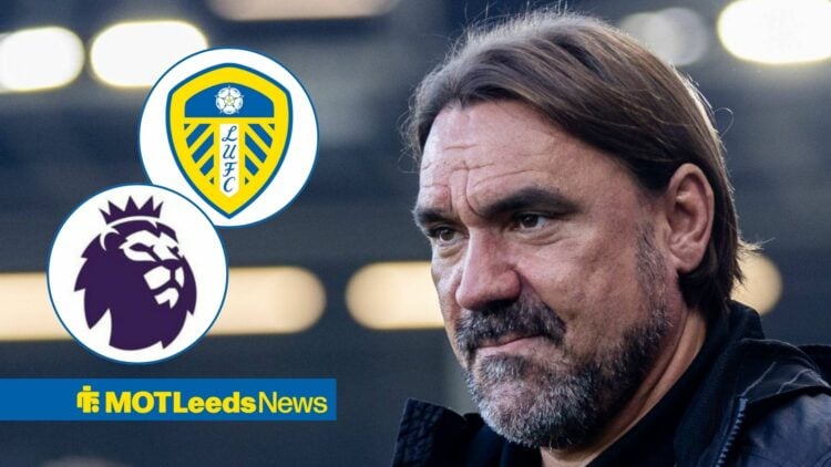 Daniel Farke looking at Leeds and Premier League badges in circular insets