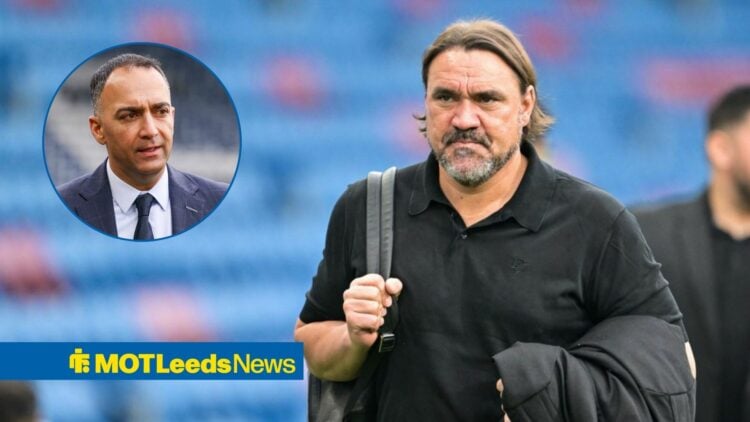 Daniel Farke carrying a backpack and coat with Paraag Marathe in a round overlay