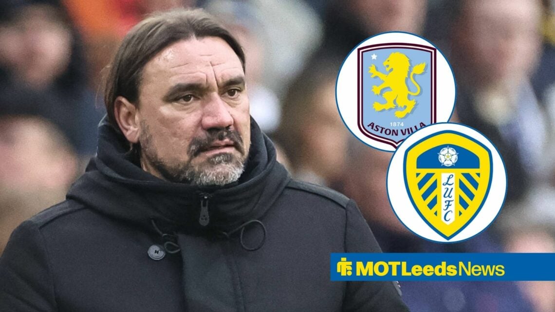 Daniel Farke upset and Leeds United and Aston Villa badges in circular insets