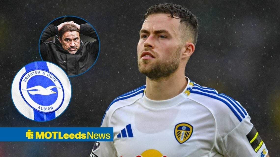 Gabriel Gudmundsson looking sad, Leeds boss Daniel Farke and Brighton badge in inset.
